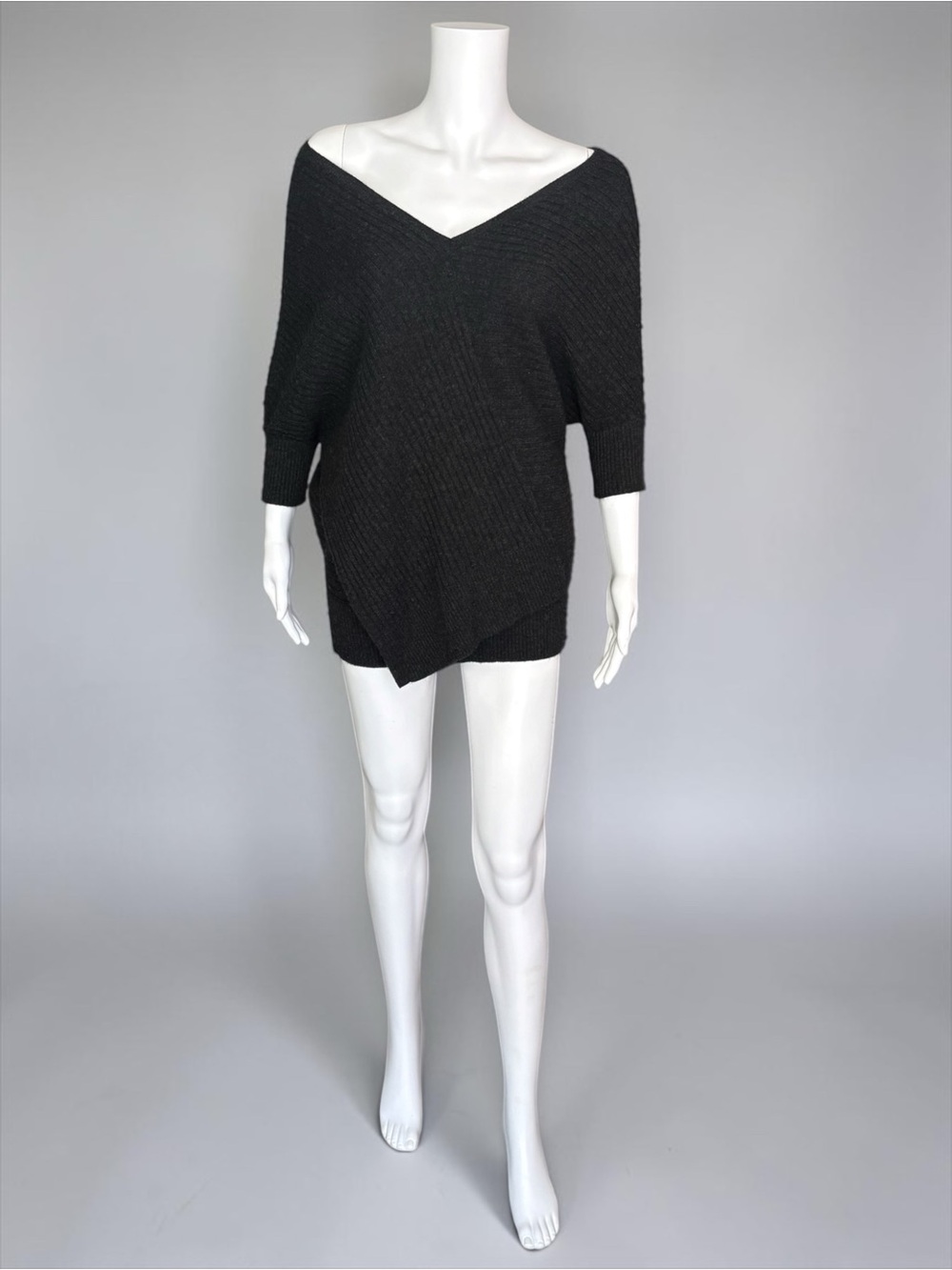 Vince Yak Wool Cocoon Sweater Charcoal Ribbed Dolman V Neck Asymmetric S